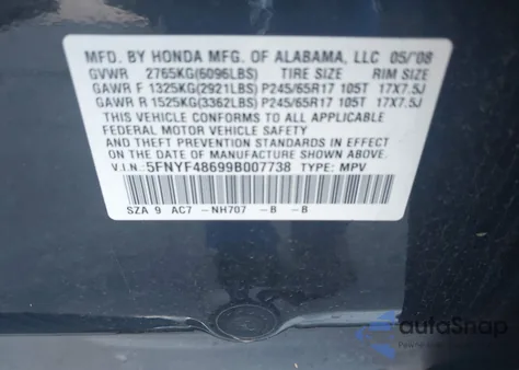 2009 Honda Pilot Ex-L z USA, uszkodzony, nr VIN 5FNYF48699B007738